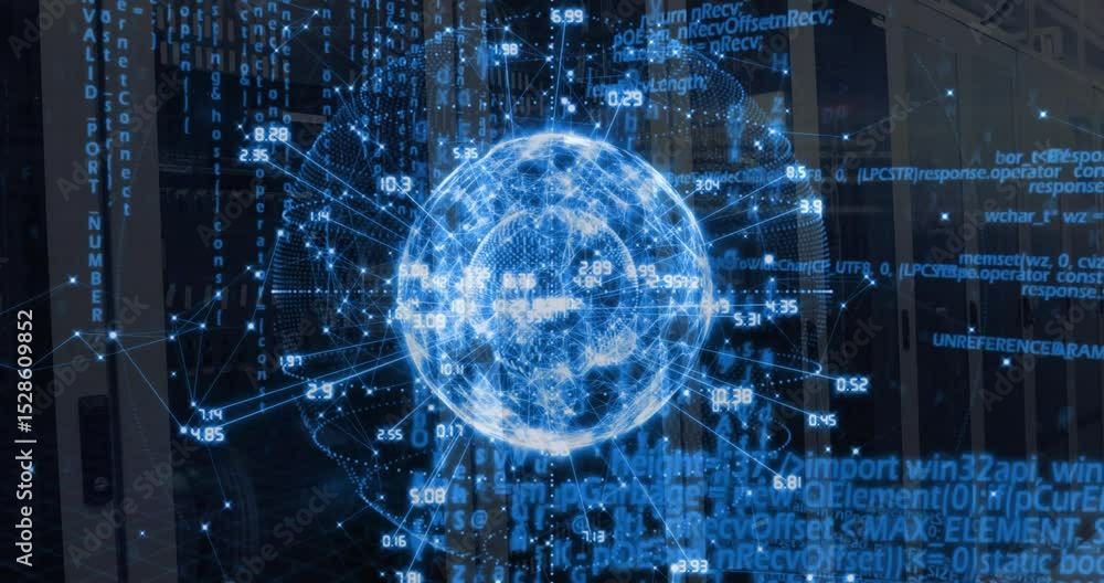Aufkleber materializing 3d globe rotating while labels emerging and code streams expanding data processing