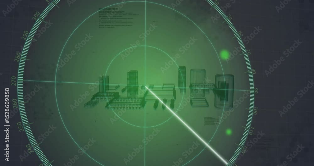 Poster green radar grid appearing sweeping beam revealing blocks and rotating core module for emphasis