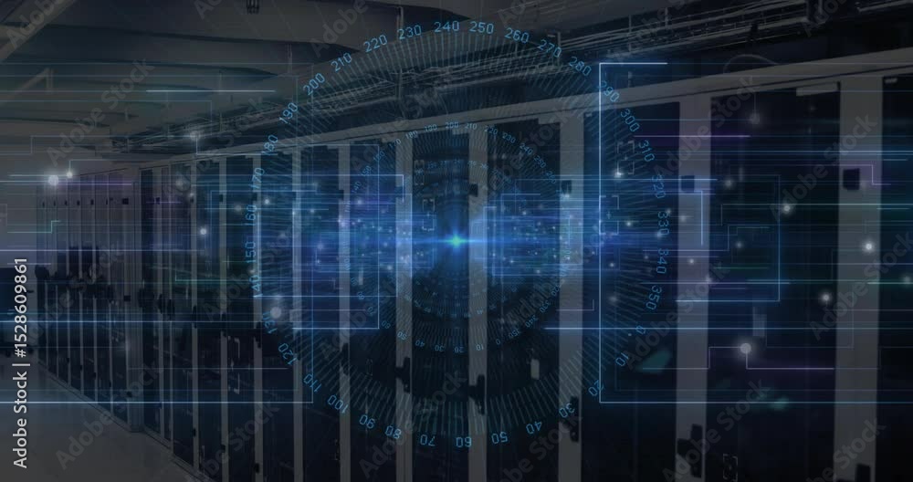Poster overlay appearing starting rotating ring, sliding bars blinking dots showing network scan on racks
