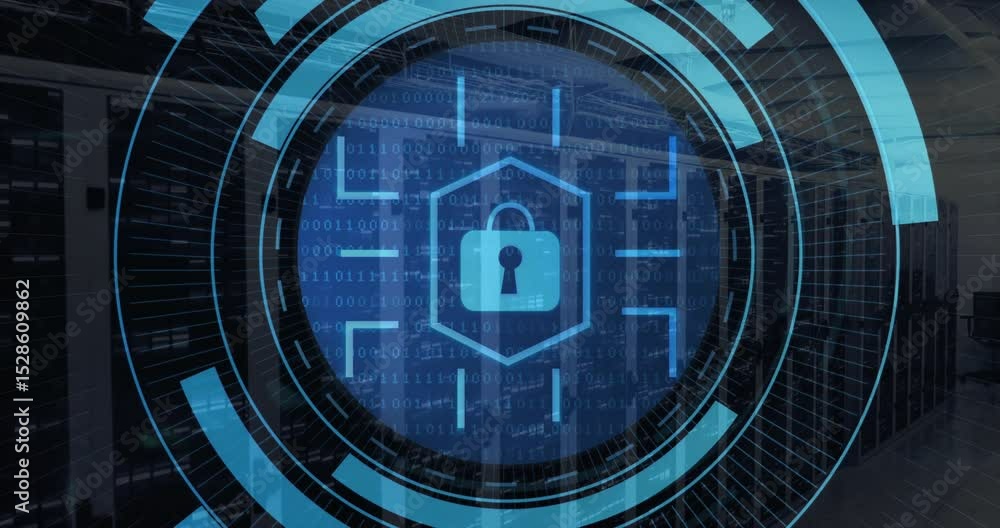 Poster data particles initiating hud activation, shield icon appearing, arcs rotating, securing servers