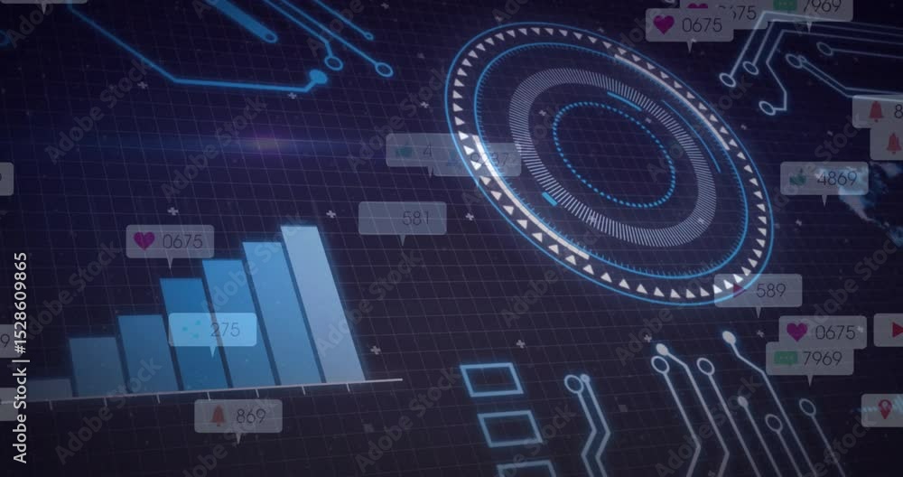 Poster grid loading initiating hud fading while bar chart columns growing and visualizing live metrics