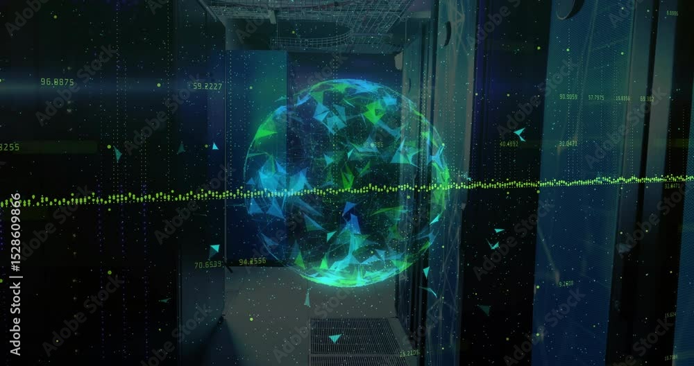 Poster server racks corridor lighting up with glowing sphere pulsing and waveform drifting showing status