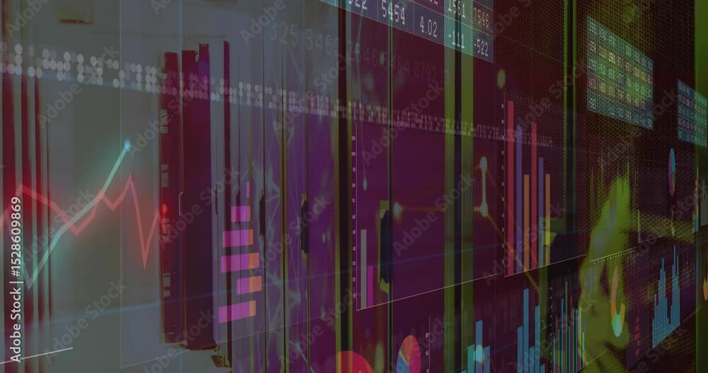 Poster numeric ticker starting bars adjusting, line graph pulsing, nodes linking for updates