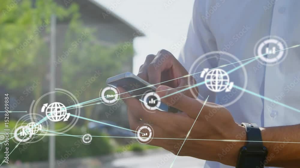 Poster businessman tapping smartphone and scrolling while tech network icons expanding for digital insight
