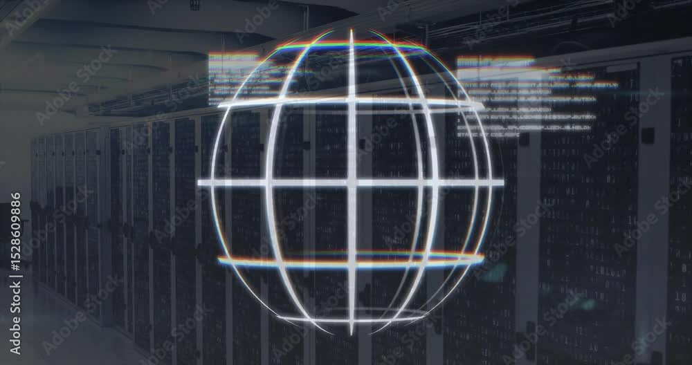 Poster wireframe globe fading in from center, rotating while glitch text sliding in visualizing data flow