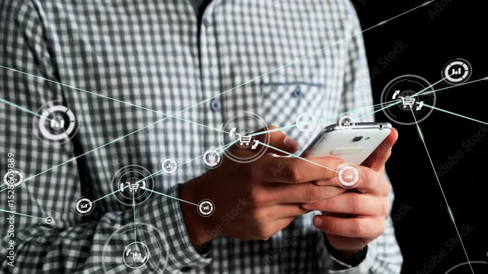 Poster man tapping smartphone scrolling screen, creating bar chart icons linking across technology network