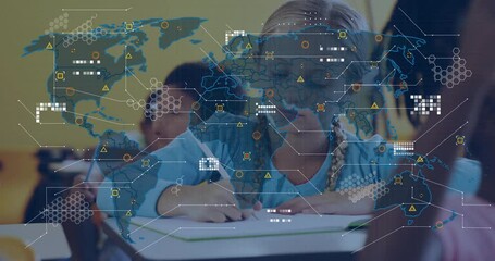 Girl writing notebook noticing map overlay fading in and illustrating global network over classroom - Powered by Adobe