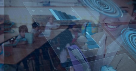 Grid fading in students using tablets as teacher holding binder with bar-chart panels for learning