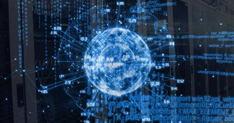 Materializing 3D globe rotating while labels emerging and code streams expanding data processing - Powered by Adobe