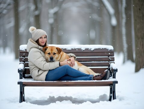 Woman with Dog Relaxing on Bench in Winter Snow Scene