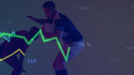 Rugby player leaning sprinting holding ball as defender tackling with sports analytics overlays - Powered by Adobe