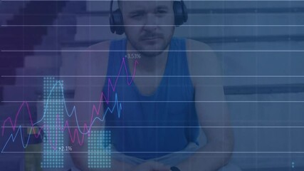 Sitting on bleachers adjusting headphones tapping smartwatch and viewing animated performance chart - Powered by Adobe