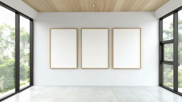 Bright interior design with three blank posters, marble floor, minimalist style, modern windows, and wood ceiling creates a spacious room