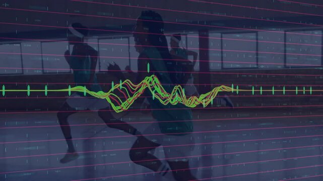 Five women starting jog in fitness studio generating colorful waveform tracking interval intensity