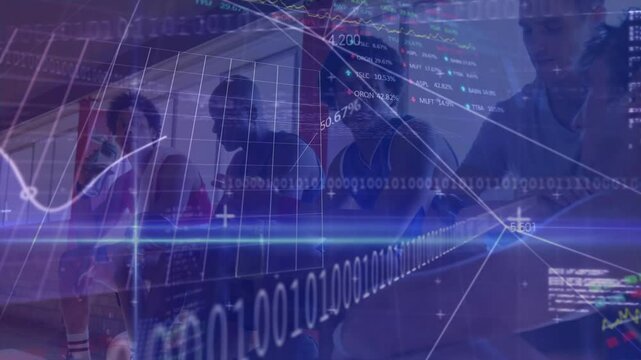 Sports team sitting on bench, upon binary code scrolling, analyzing sports analytics overlays - Powered by Adobe