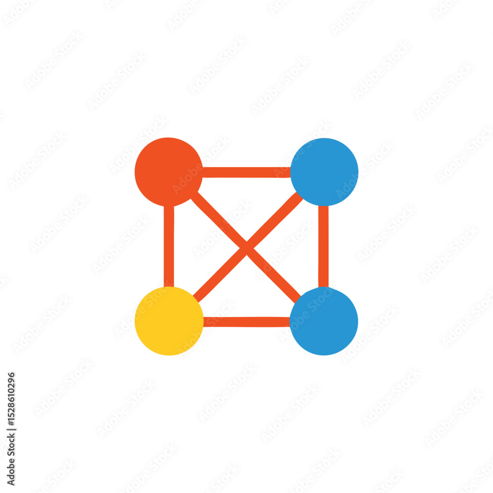 Poster abstract design featuring interconnected orange lines forming a square with colored circles at the c