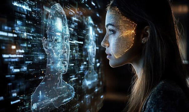 Woman observing digital facial recognition - Powered by Adobe