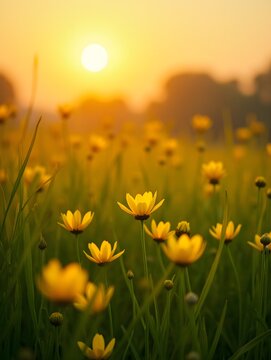 under warm glow of golden hour, serene tableau of vibrant yellow flowers amidst verdant grass, gently swayed
