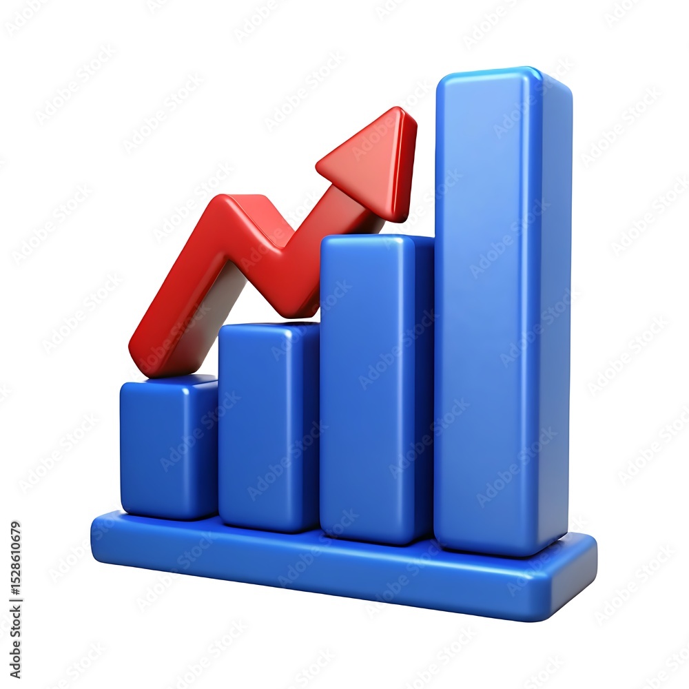 Poster 3d bar graph with red upward arrow isolated on white background