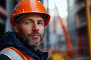 Smiling Construction Worker in Orange Hard Hat at Urban Industrial Site. Construction Industry & Safety Compliance Focus