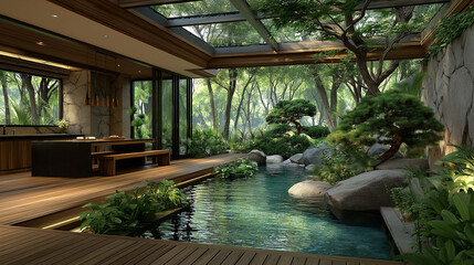 Serene Indoor Garden: Tranquil indoor space seamlessly blends modern architecture with a lush, zen garden, featuring a koi pond, bonsai trees, and natural wood elements.