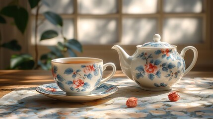Fototapeta premium Floral tea set, morning light, serene
