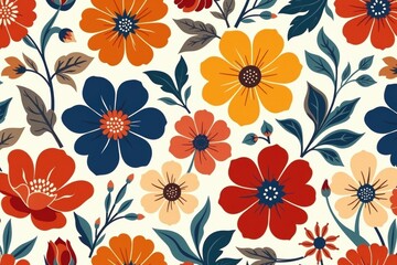 A vibrant floral pattern featuring various flowers in shades of red, blue, yellow, and green on a light background, perfect for textile or wallpaper design.