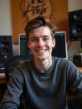 A young man with short, styled hair sits in a creative studio setting, smiling warmly at the camera while surrounded