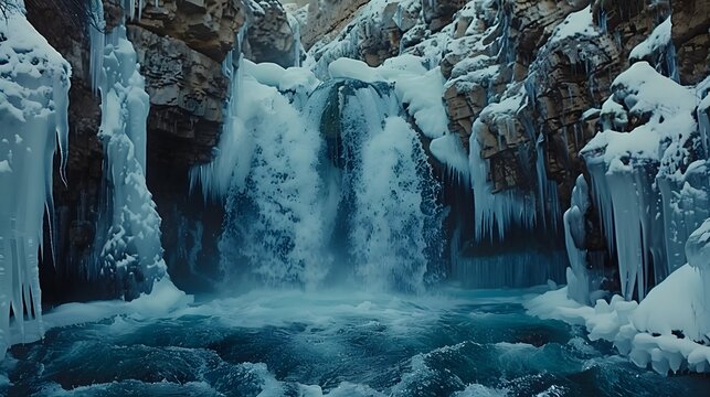 A breathtaking frozen waterfall surrounded by icy 