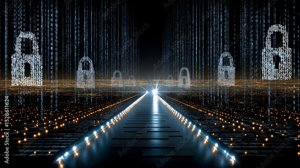 Poster digital fortress: a symbolic digital pathway lined with luminous padlocks, suggesting a journey thro