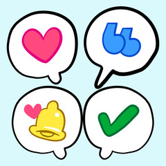 Quotation Marks Green Check mark Heart  love message Bell Notification in Speech Bubble Icon, conversation chat social media graphic sign illustration