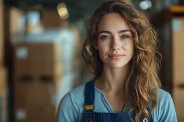 Obraz premium Confident Young Woman in Casual Clothing Smiling at Work in Industrial Warehouse Setting