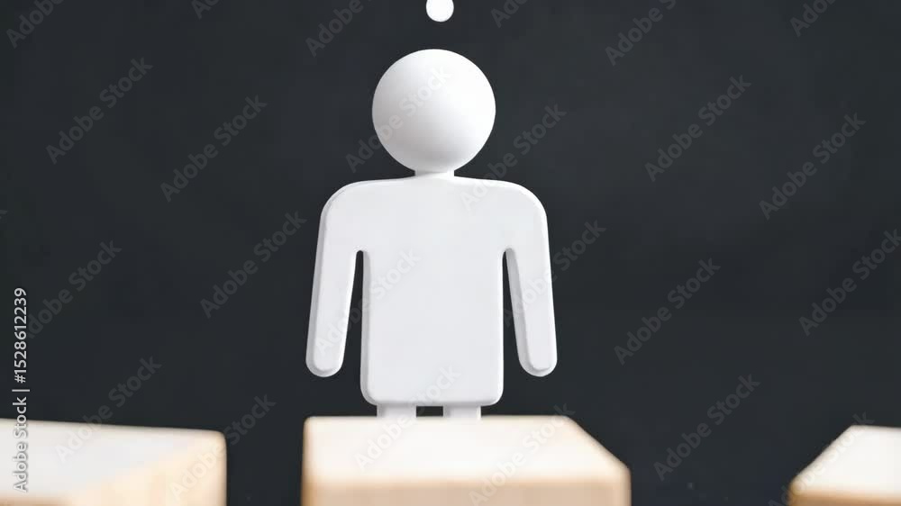 Poster decision-making concept with human figure and blocks showing check mark and cross symbols against a 