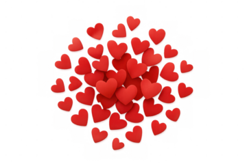 Red hearts clustered together creating larger heart silhouette against transparent backdrop, symbolizing love and romance