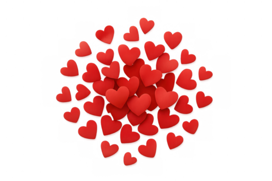 Red hearts clustered together creating larger heart silhouette against transparent backdrop, symbolizing love and romance