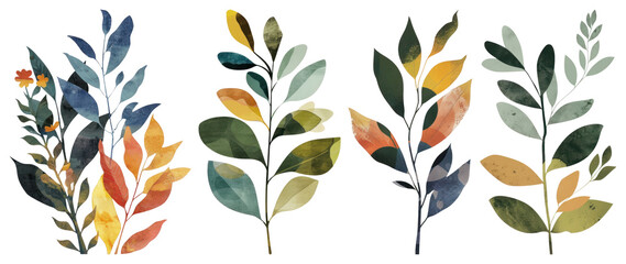 Fototapeta premium PNG Colorful watercolor botanical leaves, element set on transparent background
