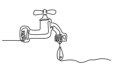 Continuous one line drawing of water faucet. One line drawing illustration of tap water. International handwashing day concept line art. Editable outline, Water tap with flowing water in one line art.