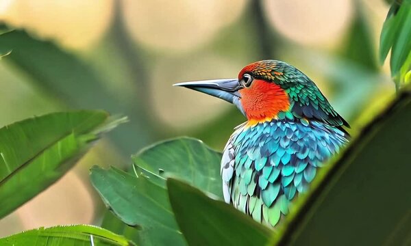 Burung dengan warna biru dan merah di dahan 