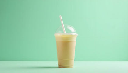 Refreshing light brown beverage in a clear plastic cup with a straw. Ideal for iced coffee, milk tea, or smoothies. Simple and appealing.

