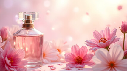 Elegant Perfume Bottle with Cosmos Flowers on Soft Pink Background