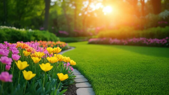 Beautiful garden with vibrant yellow flower and pink flower lining curved stone pathway beside lush green grass under warm sunlight, creating peaceful outdoor spring nature scene