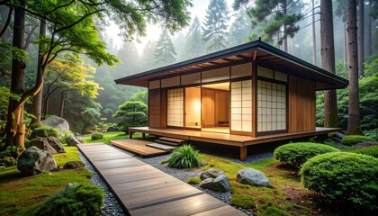 Tranquil Japanese Tea House Nestled in Lush Greenery and Peaceful Atmosphere