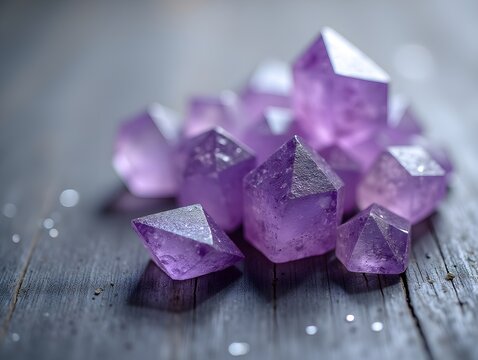 Beautiful purple crystals sparkling on textured grey wood surface shining in soft light