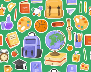 Seamless pattern, school supplies, stickers on bright green background. Globe, backpack, watch, book, ball, palette, stationery. Cute childish ornament for fabric, paper, print.