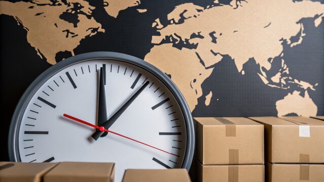 drop shipping store box clock logistic concept. Clock and boxes in front of a world map background.