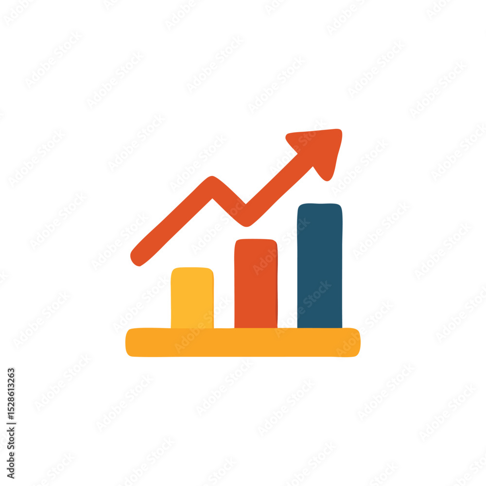 Poster simple illustration of a rising bar graph with an upward-pointing arrow, showing growth.