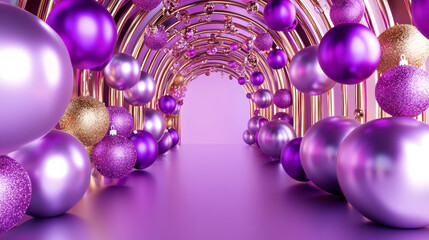 3D Vibrant Festive Archway with Shiny Purple and Gold Balloons, Sparkling Decorations, Elegant Modern Party Setting, Creative Dreamy Scene for Celebration, Luxury and Glamour
