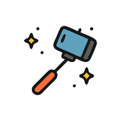 Simple line art illustration of a selfie stick with a smartphone attached.