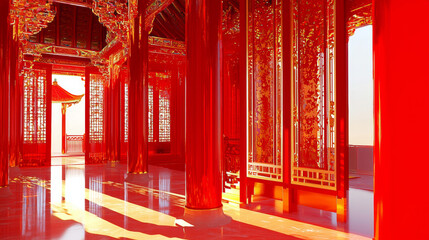 3D Luxurious Traditional Red and Gold Interior with Ornate Columns, Majestic Architecture, Intricate Cultural Design, Bright Reflective Surfaces and Regal Historical Palace Style