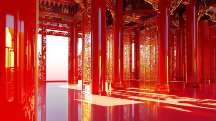 3D Luxurious Traditional Red and Gold Interior with Ornate Columns, Majestic Architecture, Intricate Cultural Design, Bright Reflective Surfaces and Regal Historical Palace Style